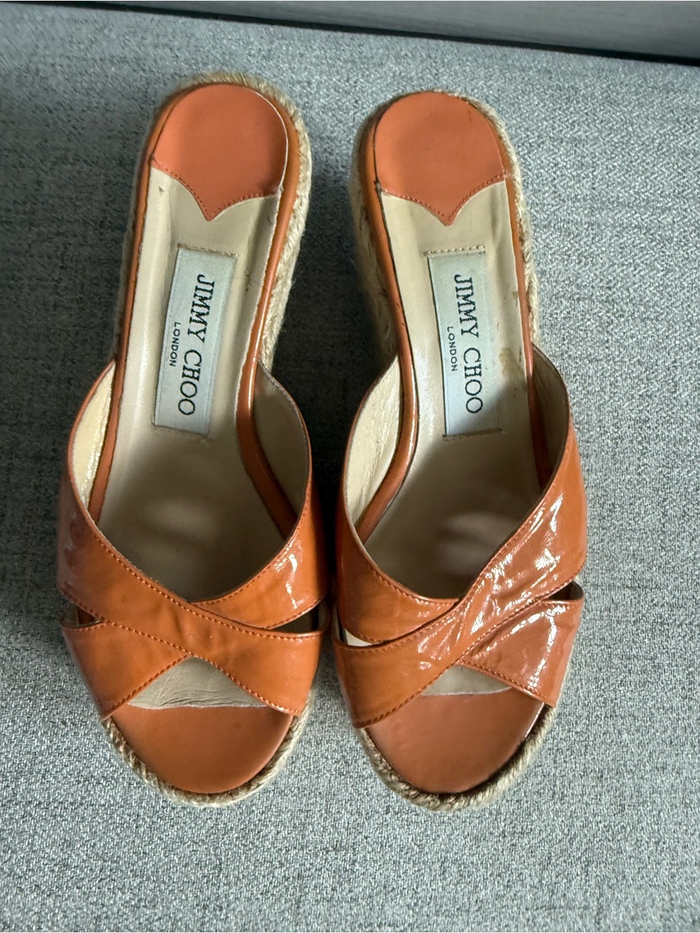 Jimmy Choo Orange Patent Leather Crisscross Espadrille Mules